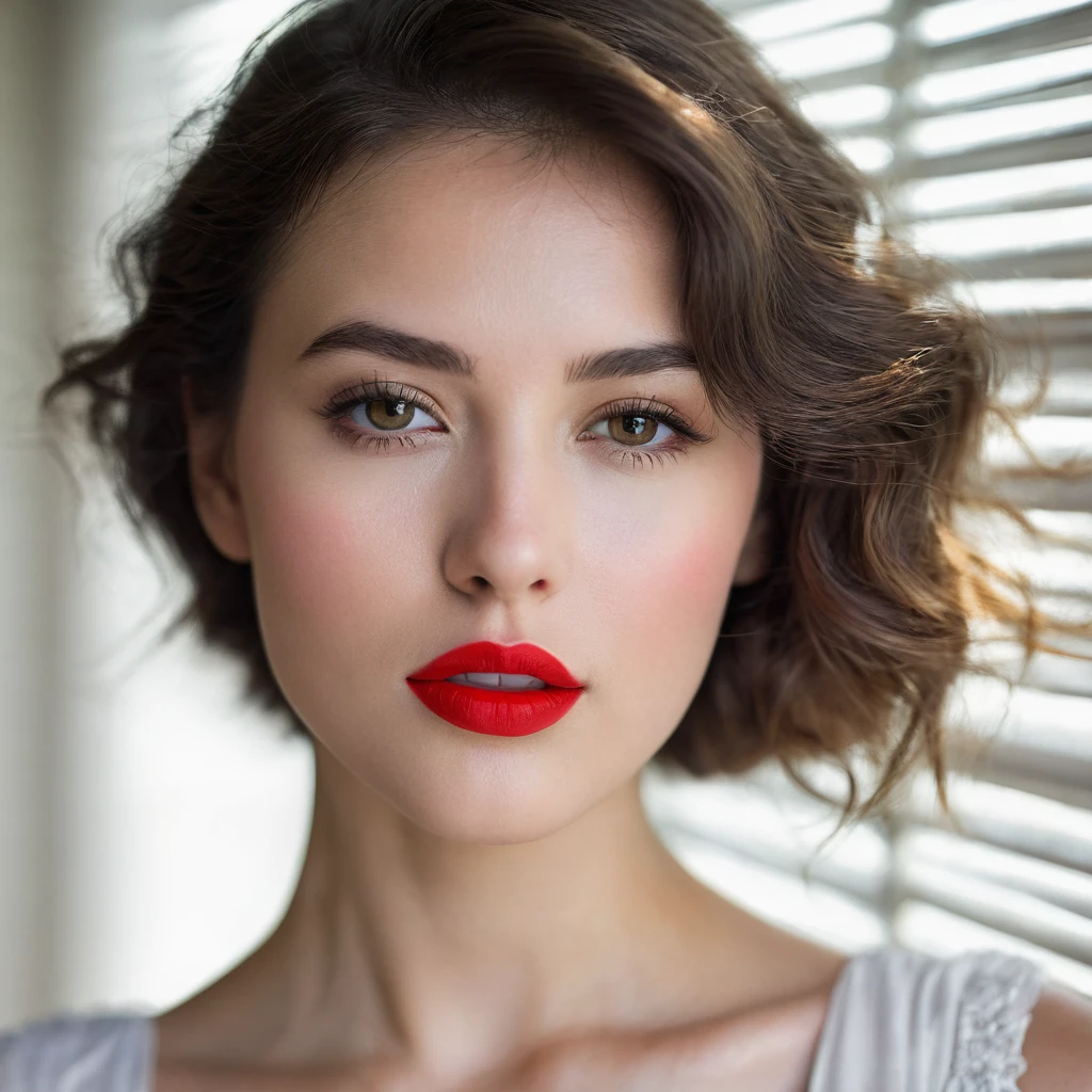 Photographic portrait of a beautiful young model, in direct frontal view, with head slightly tilted to the right and face raised, with sleepy eyes, and lips open and prominent, with a bright red lipstick color, very white and perfect teeth, smooth white skin texture and delicate, dark and wavy hair falling over the left side of the face, Camera R6 50mm lens, wide aperture f/1.4, obtaining a blurred background and keeping the focus on the model, beautifully backlit face with attractive red lips, well-defined shadow in the background and soft light coming from the right, of a window with shutters, which creates diagonal shadows on the face, providing contrast and depth, soft color palette, but highlighting the vibrant color of red lipstick, sharp focus, photo-realistic, best quality, masterpiece, hdr, 8k