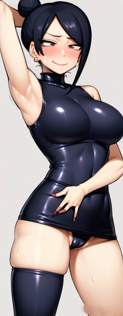 masterpiece, best quality, 1 woman, Takizawa, alone, black eye, black hair, single hair bun, blush, upper body, (smile), ((Very slender waist)), armpit, arms behind head, chest, earring, looking at viewer, , ,sleeveless, drops of sweat, , turtleneck, white background, (( from bottom to top)), ((armpit를 보여준다)), (((Pussy exposure))), ((Spread your legs)), (((She lifts her latex miniskirt and shows her pussy.))), (((whole body))), ((Ahegao)), ((Thigh high socks))