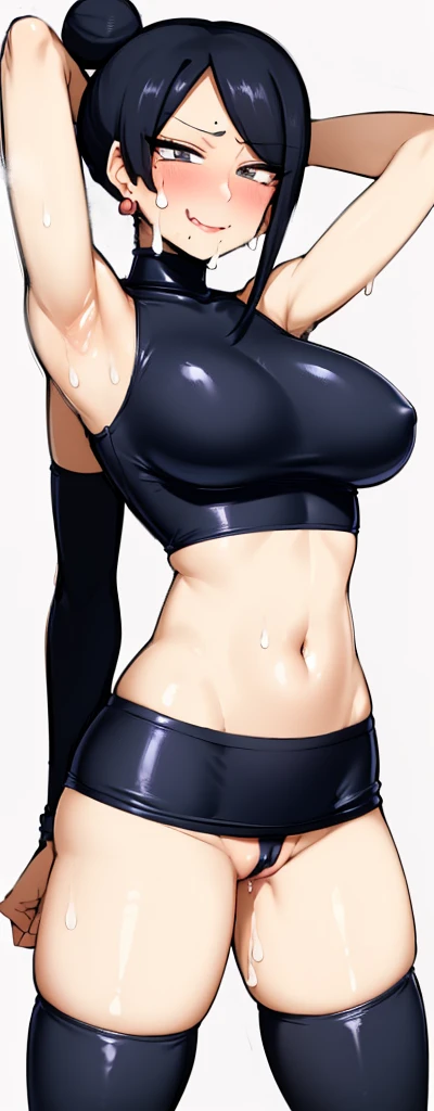 masterpiece, best quality, 1 woman, Takizawa, alone, black eye, black hair, single hair bun, blush, upper body, (smile), ((Very slender waist)), armpit, arms behind head, chest, earring, looking at viewer, , ,sleeveless, drops of sweat, , turtleneck, white background, (( from bottom to top)), ((armpit를 보여준다)), (((Pussy exposure))), ((Spread your legs)), (((She lifts her latex miniskirt and shows her pussy.))), (((whole body))), ((Ahegao)), ((Thigh high socks))
