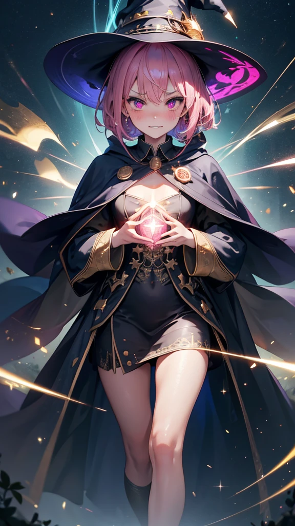 Best quality, Ultra detailed, best quality, insanely detailed, beautiful, masterpiece, 8k, 
break  
Lens Flare,night sky, Streaks of Light,refraction Glowing white lines ,Crossing Light,Shining Background, light particles
break 
Dark Forest,
break 
1lady, pink hair, short hair, witch hat, green hat, gold Crescent-shaped ornament, on hat, pink eyes, ultra detailed eyes, witch robe, dark blue robe, long robe, gold star-shaped ornament on the center of chest, button-up robe ,buttoned all the way up, sparkling wand, full body, portlait, evil smile, evil grin, (sharp eye:1.2),(scowl:1.1), (stare at viewer:1.5),  (embarrassed,blush:1.3),(ecstasy:1.3) ,(slut:1.2),(vulgarity:1.3),(fucked silly:1.1),(steam:1.1),(wet:0.8),(drooling:0.6),(sweat:0.8), 