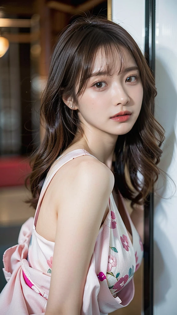 (8K、Raw photo、Highest quality、masterpiece:1.2)、(Realistic、Realistic:1.37)、Ultra-high resolution、One Girl、cute、alone, Browsing Caution,Highest quality,masterpiece,8K,Droopy eyes,Big Breasts,Beautiful breasts, Pink Yukata, hostel, Always detailed face, Highly detailed lips, double eyelid, Exquisite detail and subtle sparkle, Photograph her in poses that reflect both grace and confidence, Enhance visual effects with cinema lighting. Use modern 2D designs for your backgrounds, Create beautifully, Balanced composition. Enhance the scene with elements such as depth of field, bloom effect, And a touch of sparkle, Adds a dreamy texture to the entire image. Pay close attention to detail
