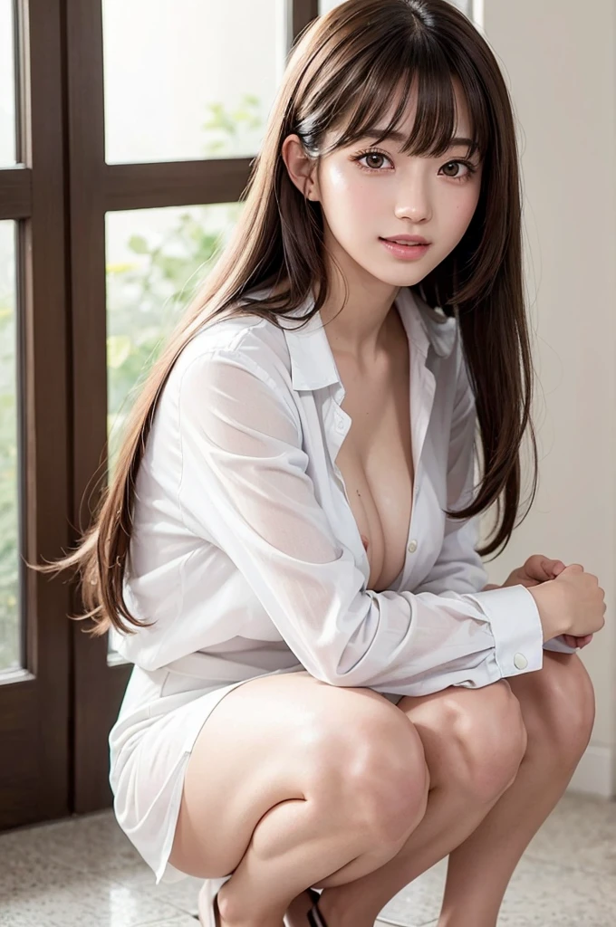 ((highest quality, 8K, masterpece :1.4anime)), highest real,Sharpness:1.3, Perfect Body Beauty:1.4,super detailed face and skin texture,(Glowing skin) ,((super real,best quality)),(soft lighting),super detailed face,top-quality、SUPER high resolution、photo of an exquisitely beautiful JAPANESE girl、Extraordinary beautiful girl、Detailed cute and beautiful face、(pureerosface_v1:0.008)、LONG HAIR cut with beautiful bangs,Attractive bright natural BROWN super long straight silky hair、finer hair,alice in the wonderland、18 year old、Glowing white shiny skin、facial hairs、Bangs that extend to the face、Bangs between the eyes、Attractive glowing beautiful bright clear big eyes、eye liner、Double eyelids、Lush bust, ((NSFW:1.5)), my sister,18 years old,((JAPANESE IDOL)),(huge breasts :1.8,large breasts:1.8,beautiful areola,small areola),(Glowing skin),(((Manga style background)),(Inside the room, bright room, Marble floors, white concrete walls,large windows, sunlight shines in),)((Perfectly rendered hands and fingers)),((Look down:1.6,Look at mybreasts:1.6)),((Composition from the front:1.4)),((SMILE FACE:1.4)),(close up face:1.2,upper body:1.2),((school uniform:1.4,sailor suit:1.4,RED SKIRT:1.2,WHITE SHIRTS:1.2)),(Squatting:1.4)