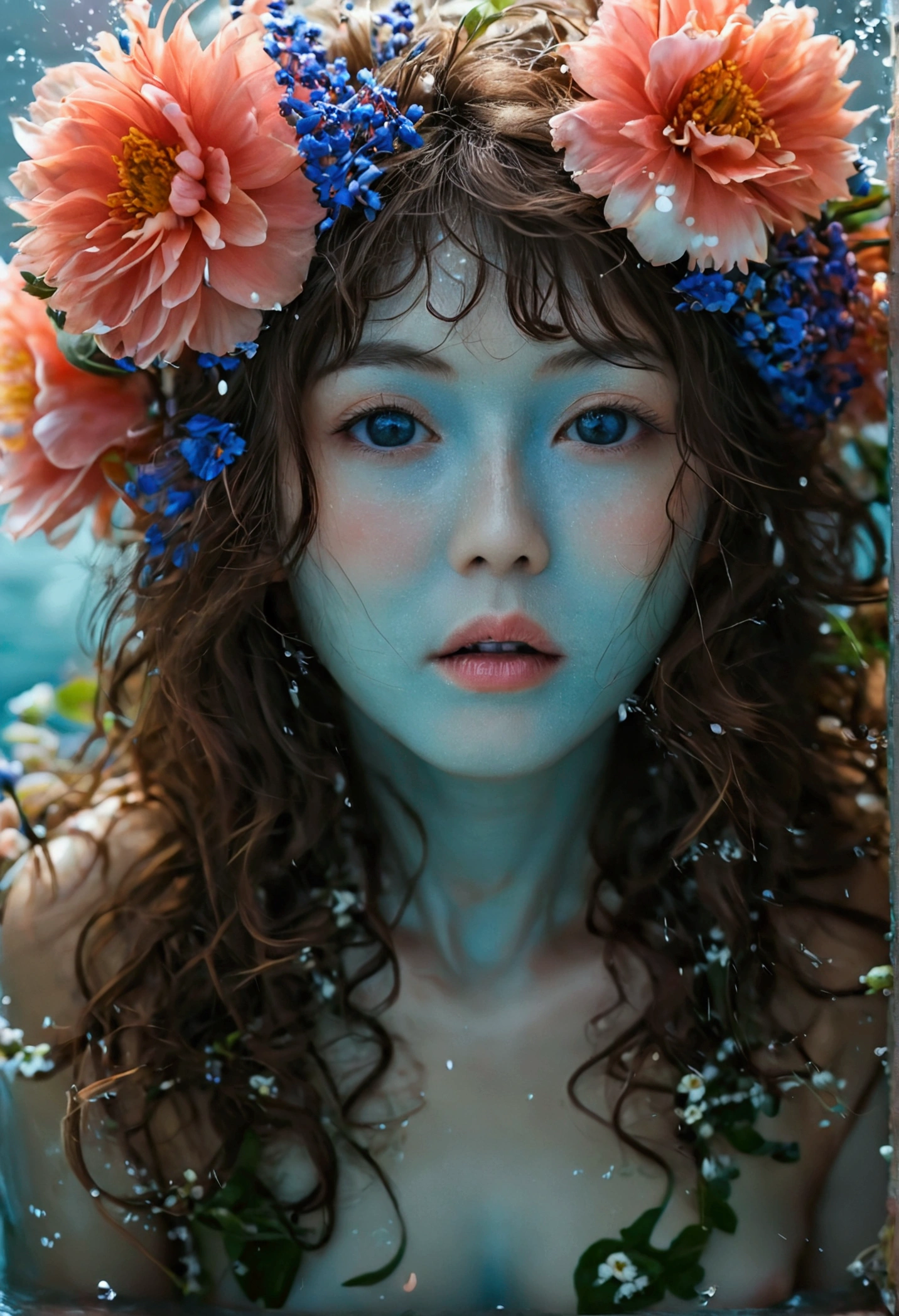 ( Absurde , haute qualité , ultra détaillé, attention avec la main ) Déesse Cancer , semblable au latin bonté , intelligent, rusé, rationnel, visage volontaire , mature , Tenace, lunatique, irritable,  yeux bleu océan(détail des yeux), cheveux longs, dans l&#39;océan avec des fleurs, tout le corps , maquillage innocent , ((naked, hairy pussy, mature japanese woman))