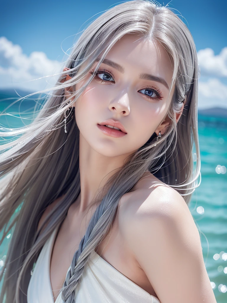 a woman with beautiful features, long grey hair, wearing a pure white dress, high quality, photorealistic, detailed portrait, extremely detailed face, beautiful eyes and lips, long eyelashes, well-proportioned body, perfect perspective, masterpiece, 8K, photo-realistic、It is surrounded by glass-like water.