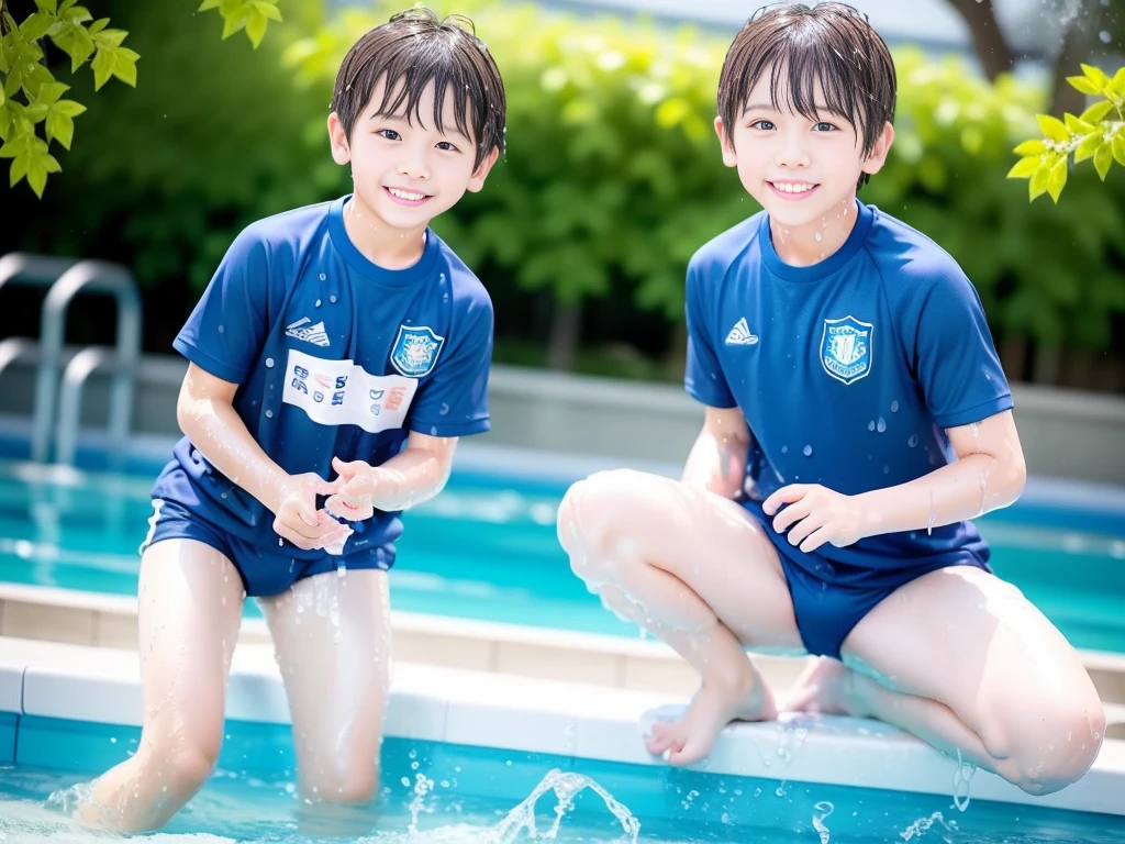 hot summer、、Summer swimming pool、Have fun、Get wet all over、Japan Boy、Glowing water splashes、Pool lessons、Boy playing in water、The happy boys、Strong sunlight、Short sleeve gym uniform、Blue shorts、barefoot,Boys only 、10age、high resolution、masterpiece