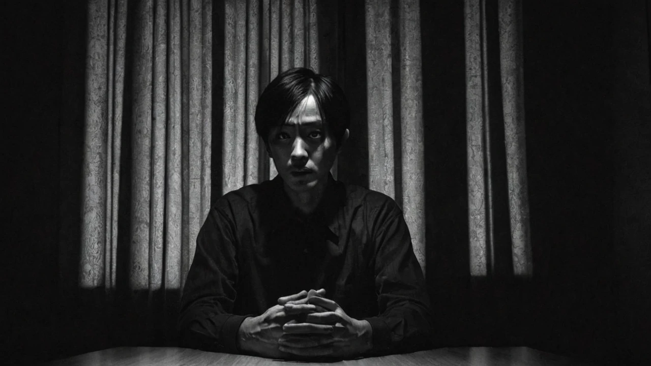 A dark, poorly lit room, a man is sitting at the table, with his back to the window. The dim light reveals a shadowy figure peering discreetly through the half-open curtains. His eyes glow slightly in the darkness, creating an atmosphere of suspense and intrigue, Junji Ito, psychological horror, grotesque, detailed, focusing on distorted shadows and surrealistic elements.