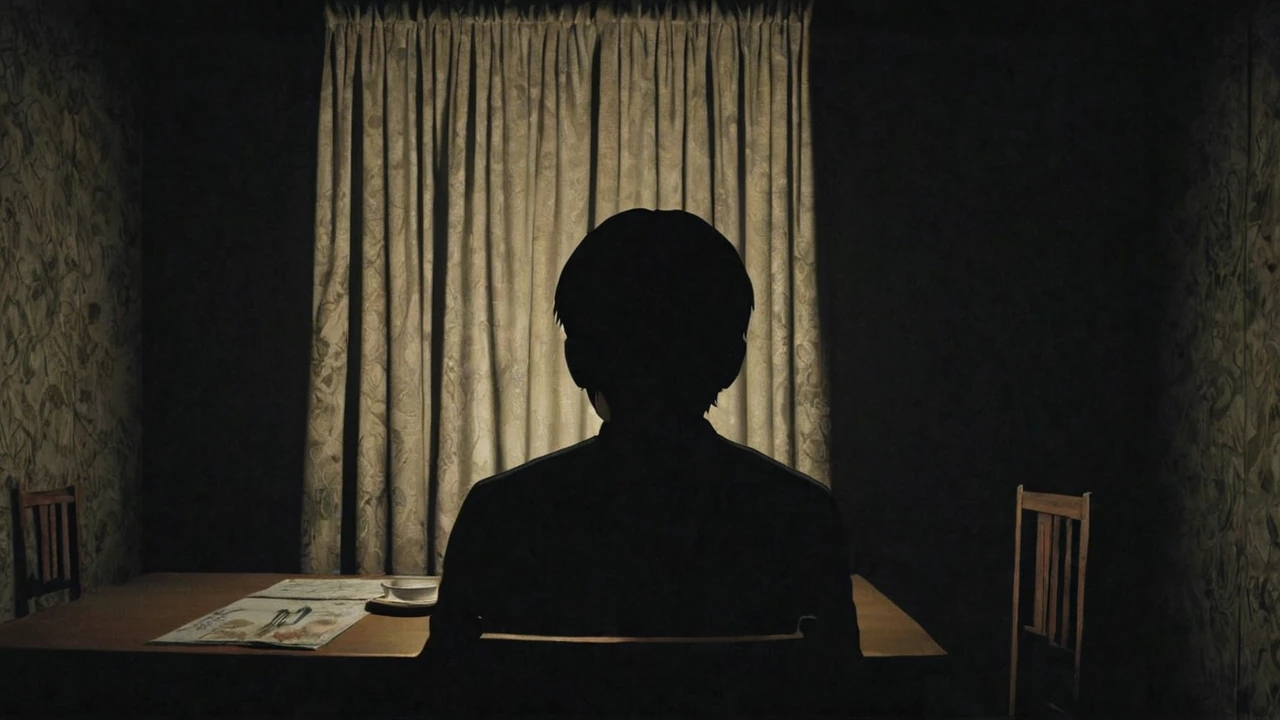 A dark, poorly lit room, a man is sitting at the table, with his back to the window. The dim light reveals a shadowy figure peering discreetly through the half-open curtains. His eyes glow slightly in the darkness, creating an atmosphere of suspense and intrigue, Junji Ito, psychological horror, grotesque, detailed, focusing on distorted shadows and surrealistic elements.