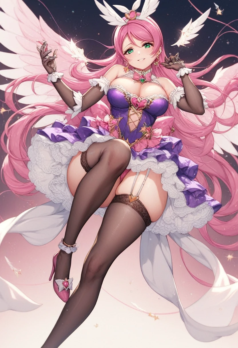 Magical girl, love live artstyle,long pink hair , piercing green eyes, her skin is fair and smooth, her breasts are large and firm, Her outfit consists of a skintight purple dress, white lace gloves, black knee-high stockings, and pink high heels. Her wings are pink with glittering sparkles.