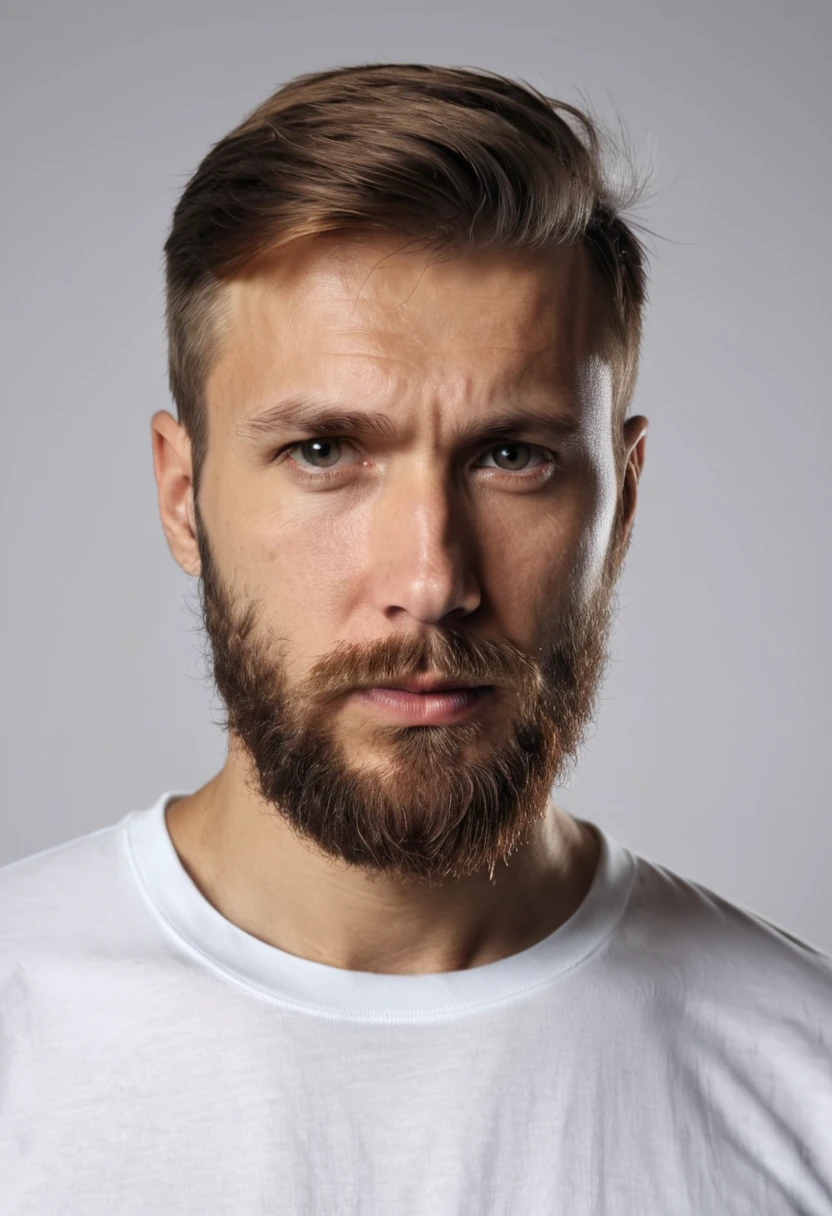 a serious-looking russian man with a beard and stylish haircut, wearing a white t-shirt, closeup portrait, dramatic lighting, white background, gloomy, (best quality,8k,highres,masterpiece:1.2),ultra-detailed,(realistic,photorealistic,photo-realistic:1.37),HDR,studio lighting,vivid colors,superb quality,portrait,dramatic