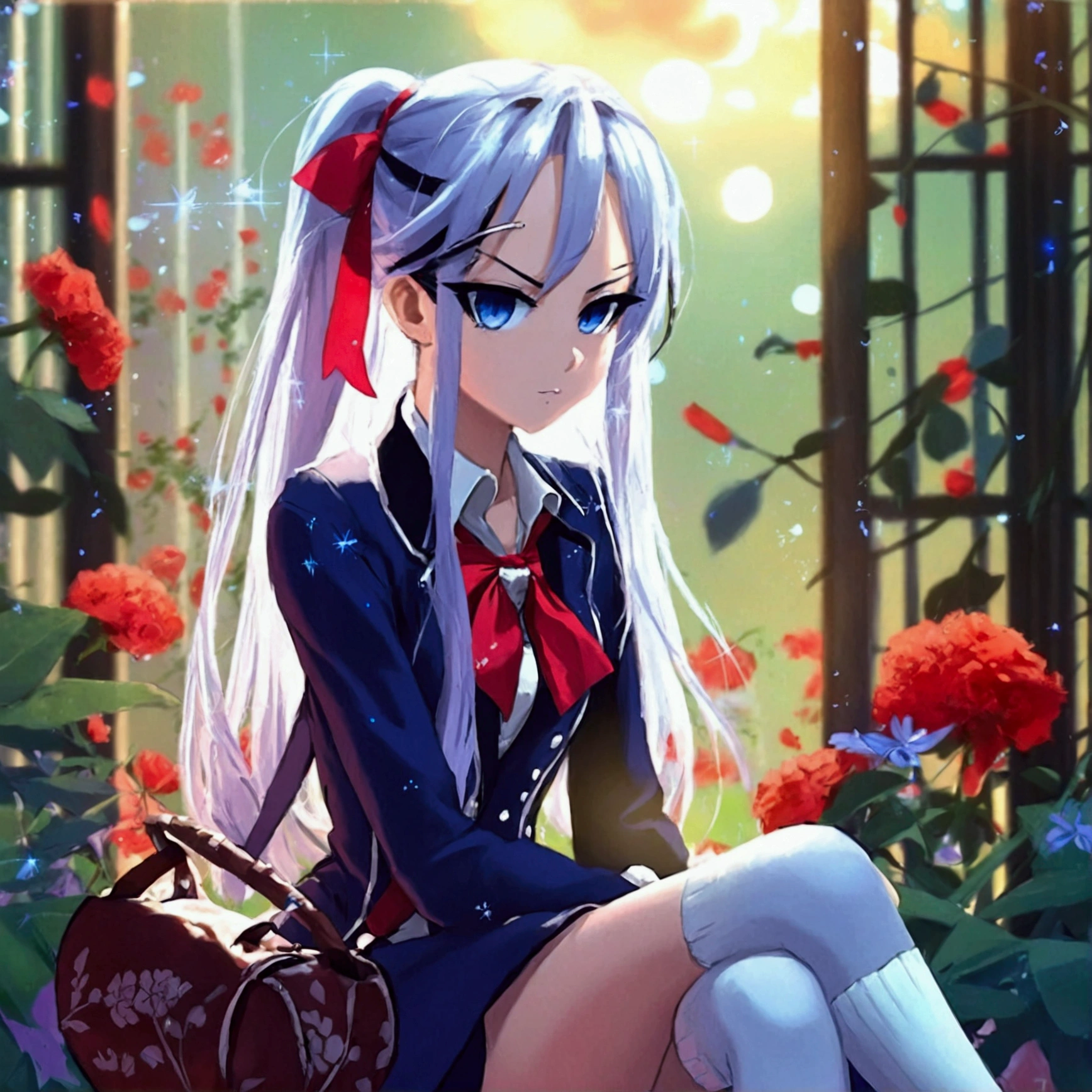The anime girl has long, silver hair tied with a red ribbon, striking blue eyes, and a serious expression. She wears a light blazer over a dark vest or dress, a red bowtie, and white thigh-high socks, she appears thoughtful in the serene, light-filled setting.with baground Sitting in a garden at sunset