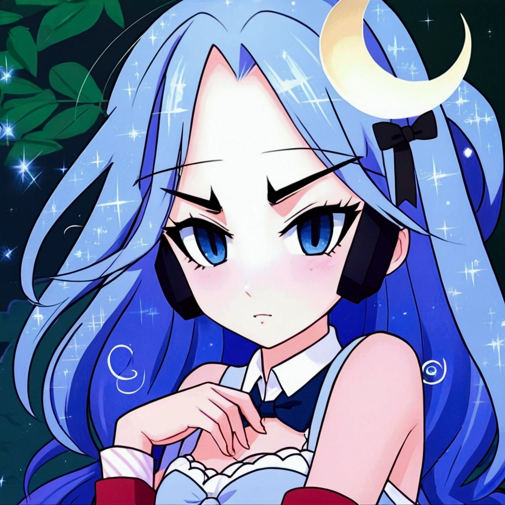 The anime girl has long, silver hair tied with a red ribbon, striking blue eyes, and a serious expression. She wears a light blazer over a dark vest or dress, a red bowtie, and white thigh-high socks, she appears thoughtful in the serene, light-filled setting.with baground Sitting in a garden at sunset
