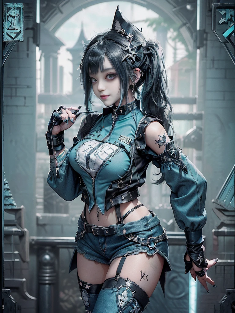 (Full body view:1.4)、(Full Body View:1.4)、(Side view:1.1)、(Smiling with teeth showing:1.3),(Shibuya Gal:1.5)、(Maid café clerk:1.5)、(Punk RockVisual Kei:1.4)、(Turquoise, navy and denim medieval noble zip up:1.5)、(Navy and white arm covers and bugle pants:1.5)、(Blue high heels:1.3)、(Wearing silver accessories:1.5)、(Dark brown collar:1.4)、(Leather garter belt:1.4)、(Brown Skin Belt:1.3)、(Black lace underwear:1.5)、20-year-old、NSFW、((Highest quality、In 8K、masterpiece:1.3))、Sharp focus:1.2、(Layered Cut、Huge boobs:1.1),Beautiful woman with perfect figure:1.4、(Doing an aerobics pose:1.3)、Slender Abs:1.2、Highly detailed face and skin texture、Detailed eyes、double eyelid,(Twin tails:1.3)、(Black Hair:1.3)、Gravure idol、(A fairytale-like cafe with a lush tree background:1.3)、(Slim body:1.3),(Make your legs thinner:1.4),(Thin, thin thighs:1.3)、(clavicle:1.1)