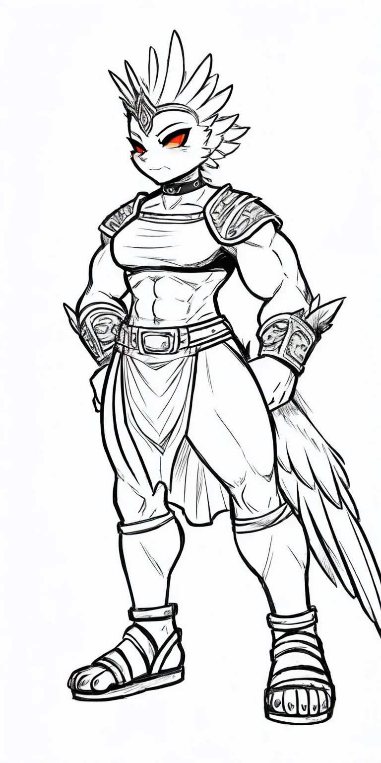 Subject: 1 Solo Female Gladiator Pose: Full body, whole body Standing tall, hands on hips (conveying confidence) Feet together, conveying a strong stance View from slightly below, emphasizing her power Clothing and Armor: Loincloth (detailed and well-crafted, showcasing her warrior status) Metal sandals, sturdy and battle-worn Leather choker, adorned with a gladiator emblem or small spikes (optional) Big belt, holding additional weapons or pouches (optional) Bracers on forearms, for protection Jewelry: Tiara (can be simple and battle-ready, or adorned with feathers or gladiator symbols) Additional Details: Strong, defined muscles Determined expression on her face Optional: scars or other battle marks that tell a story of her victories