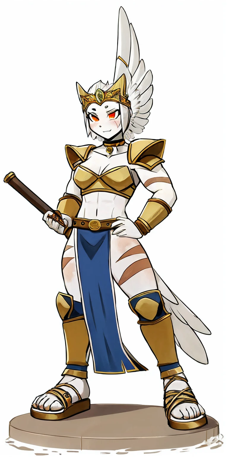 Subject: 1 Solo Female Gladiator Pose: Full body, whole body Standing tall, hands on hips (conveying confidence) Feet together, conveying a strong stance View from slightly below, emphasizing her power Clothing and Armor: Loincloth (detailed and well-crafted, showcasing her warrior status) Metal sandals, sturdy and battle-worn Leather choker, adorned with a gladiator emblem or small spikes (optional) Big belt, holding additional weapons or pouches (optional) Bracers on forearms, for protection Jewelry: Tiara (can be simple and battle-ready, or adorned with feathers or gladiator symbols) Additional Details: Strong, defined muscles Determined expression on her face Optional: scars or other battle marks that tell a story of her victories