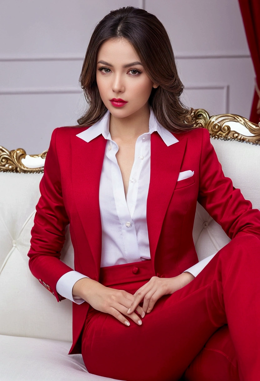 a beautiful girl sat on a royal white sofa, wera a red formal suit, from her suit's upper's her inner white shirt was show, detailed skin, realistic face,inner white shirt was looking nice suitable haire, lovely pink lips, red colored shirt.