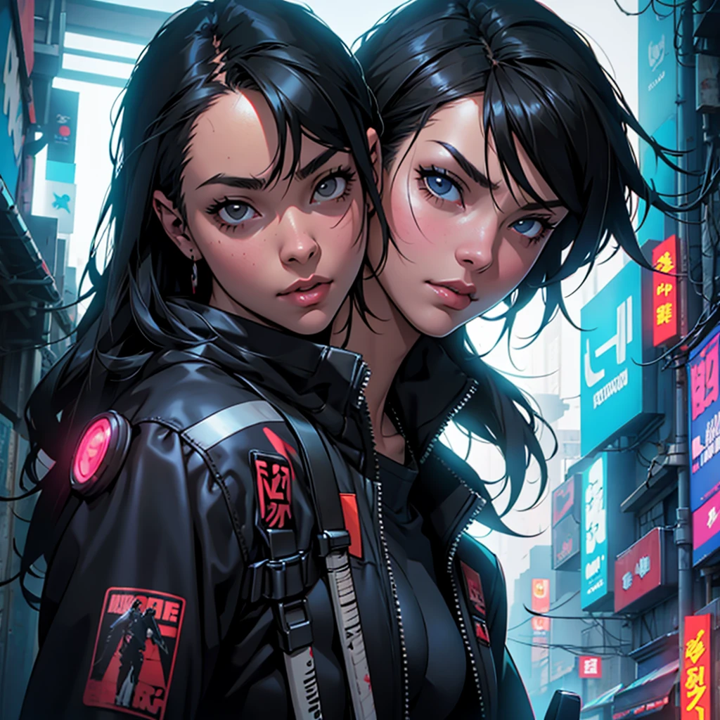 Cyberpunk; female Protagonist; black hair; girl; comic cover; katana;