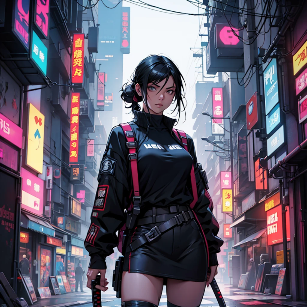 Cyberpunk;  female Protagonist;  black hair;  girl;  comic cover;  katana;  