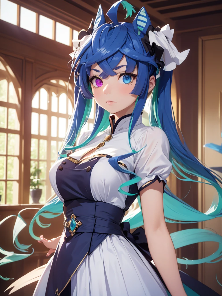 (Masterpiece, best quality, high res、highly detailed cg: 1), Create an image of a graceful and gentle noblewoman who exudes a sense of purity despite having a larger bust and hips. She should be elegantly dressed in refined attire that emphasizes her noble status while maintaining an air of modesty and sophistication. Her expression should be warm and serene, embodying a pure and graceful presence. Twin_Turbo_Umamusume, aqua hair, twintails, heterochromia, purple eyes, blue eyes, hores tails, Short stature