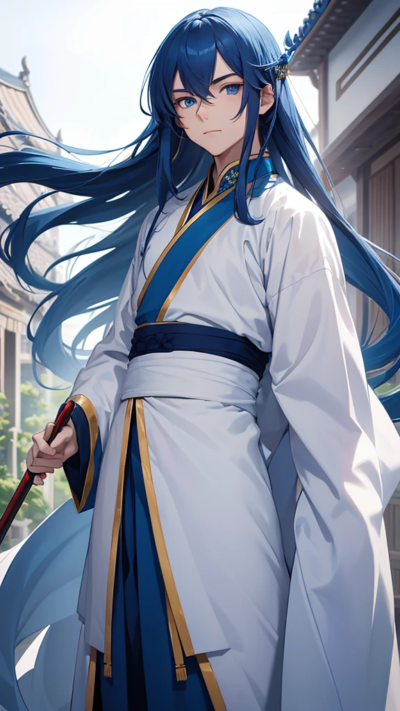 A young man, without a beard, long blue hair, Blue eyes, White skin, china, Hanfu, blue clothes, spear master