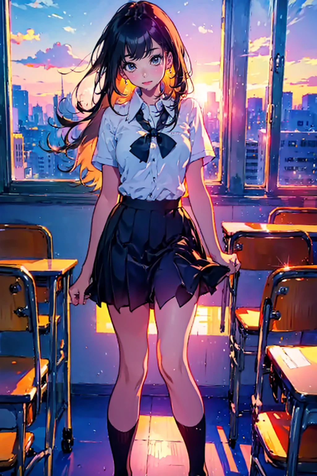 1girl,solo,cute,a girl in love,shirt and skirt,student,in classroom,after school,sunset,rich