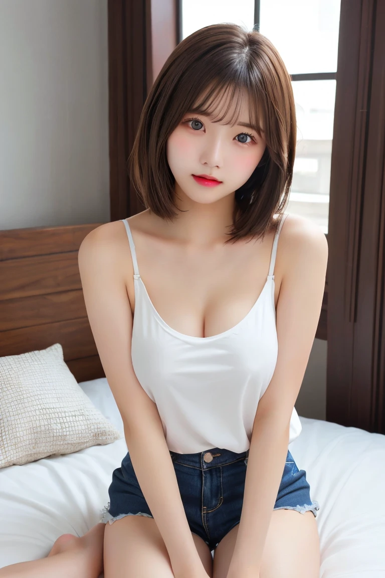 Highest quality, (beautiful)、Super delicate eyes、Brown eyes、22-year-old female、Brown Hair、looking at the camera、Semi-short hair、Camisole pulled down to expose nipples、Soft Breasts、Shorts、indoor、Natural Lip