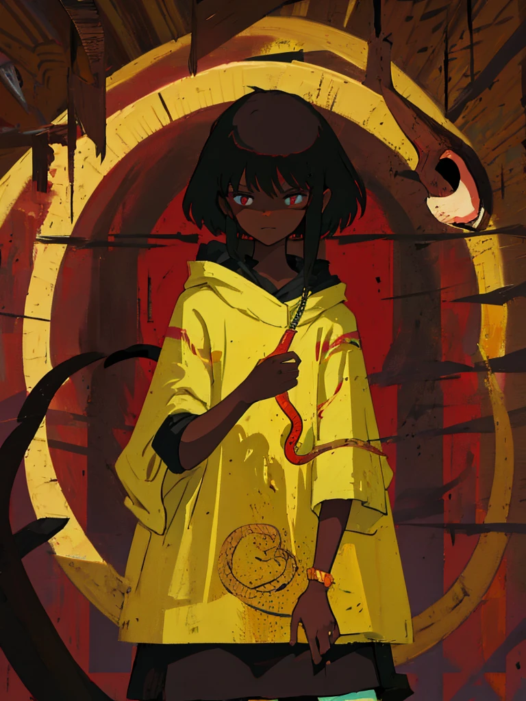 Dark skinned Indian girl , blind folded, snake background