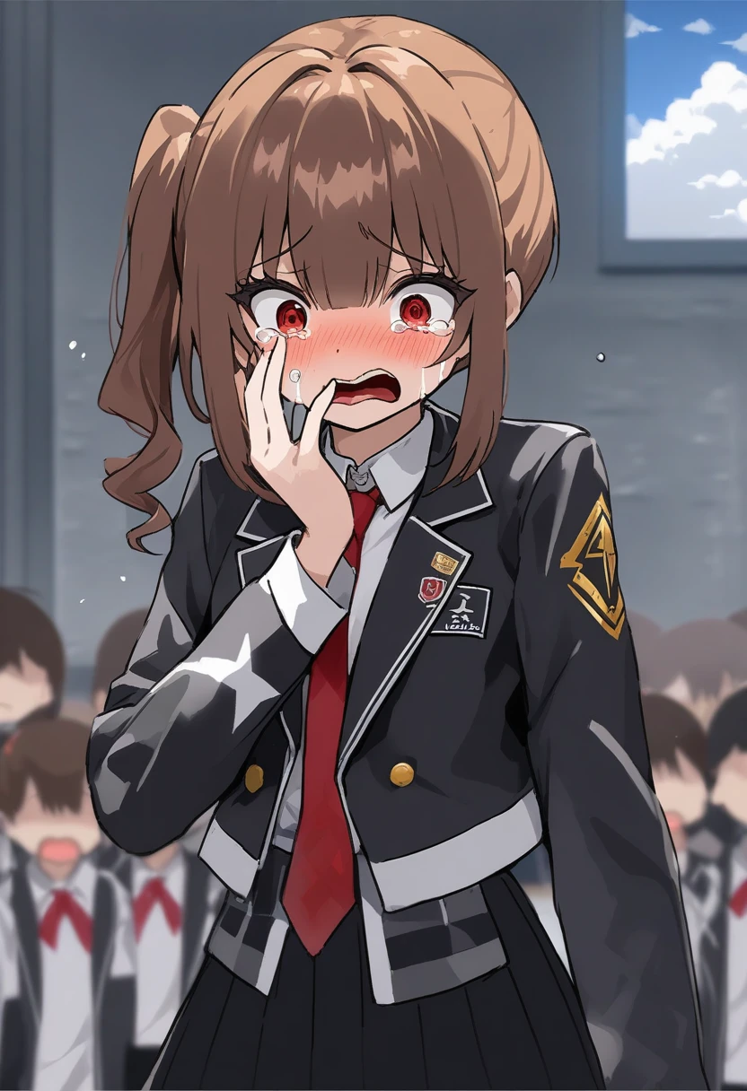 Are standing, Houshou_marine with brOwn hair and アーティスト, Sold, Copyright, Idol Master, Idol Master_Shiny_color, character, general, 1girl, brOwn_hair, Moderate_chest, chest, lupong side_前hair, puponytail, detailed eyelashes, beautiful girl:1, , Censored, ((cloud, detailed background)), School_uniform, black skirt, black blazer, black_sleeve, pleined skirt:1.2, blazer, Red tie, detailed, Outdoor, Looking_in_Audience, masterpiece, Highest_quality, grein_quality, girl, 一人in, center_compositiupon, centered character, cute, tears, Are crying, sad, upper_teeth_uponly, surprised, hand_upon_Own_face, ピンクcolorのhairの毛、ピンクcolorのhairの毛、ピンクcolorのhairの毛、ピンクcolorのhairの毛、ピンクcolorのhairの毛、ピンクcolorのhairの毛、ピンクcolorのhairの毛、ピンクcolorのhairの毛、ピンクcolorのhairの毛、ピンクcolorのhairの毛、ピンクcolorのhairの毛、