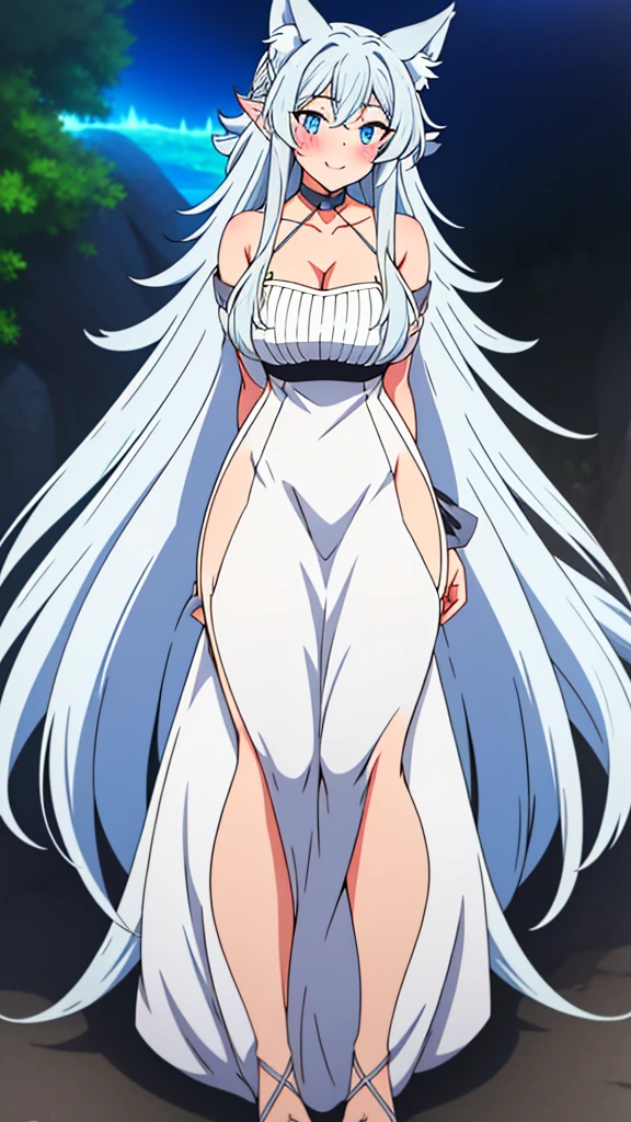 lvl2kara, Fenrys, Fenrisu, long hair, silver hair, light blush, smile, wolf girl, starrystarscloudcolorful, full body, adult, FenrysLv2, grey hair, very long hair, blue eyes, wolf ears, pointy ears, choker, white dress, bare shoulders, black ribbon, cleavage, strap slip