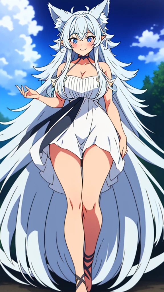 lvl2kara, Fenrys, Fenrisu, long hair, silver hair, light blush, smile, wolf girl, starrystarscloudcolorful, full body, adult, FenrysLv2, grey hair, very long hair, blue eyes, wolf ears, pointy ears, choker, white dress, bare shoulders, black ribbon, cleavage, strap slip