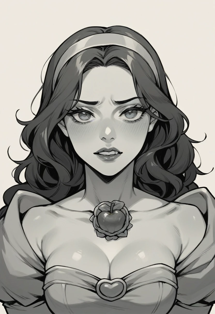close up of Snow White taking a bite out of a poison apple.