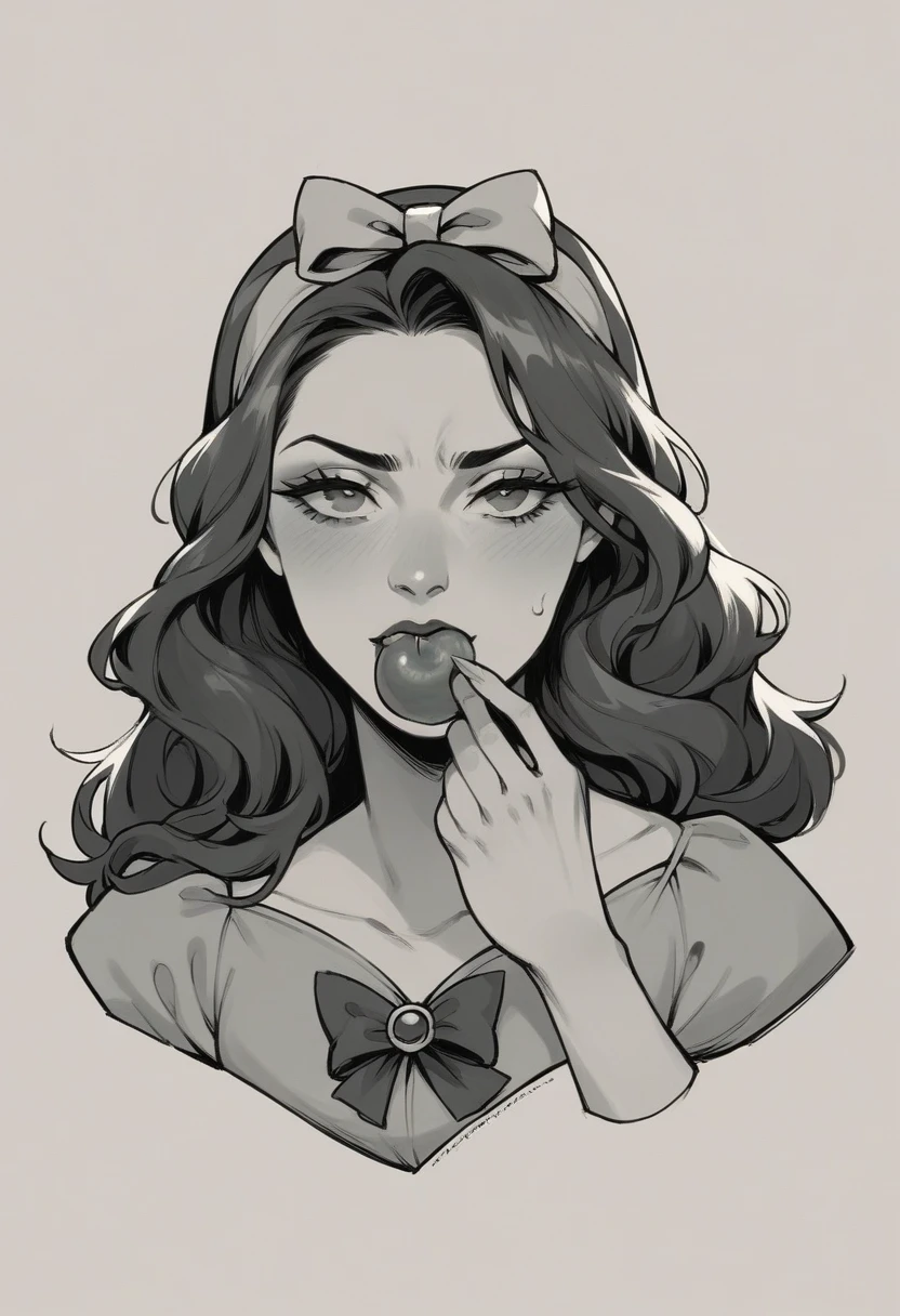 close up of Snow White taking a bite out of a poison apple.