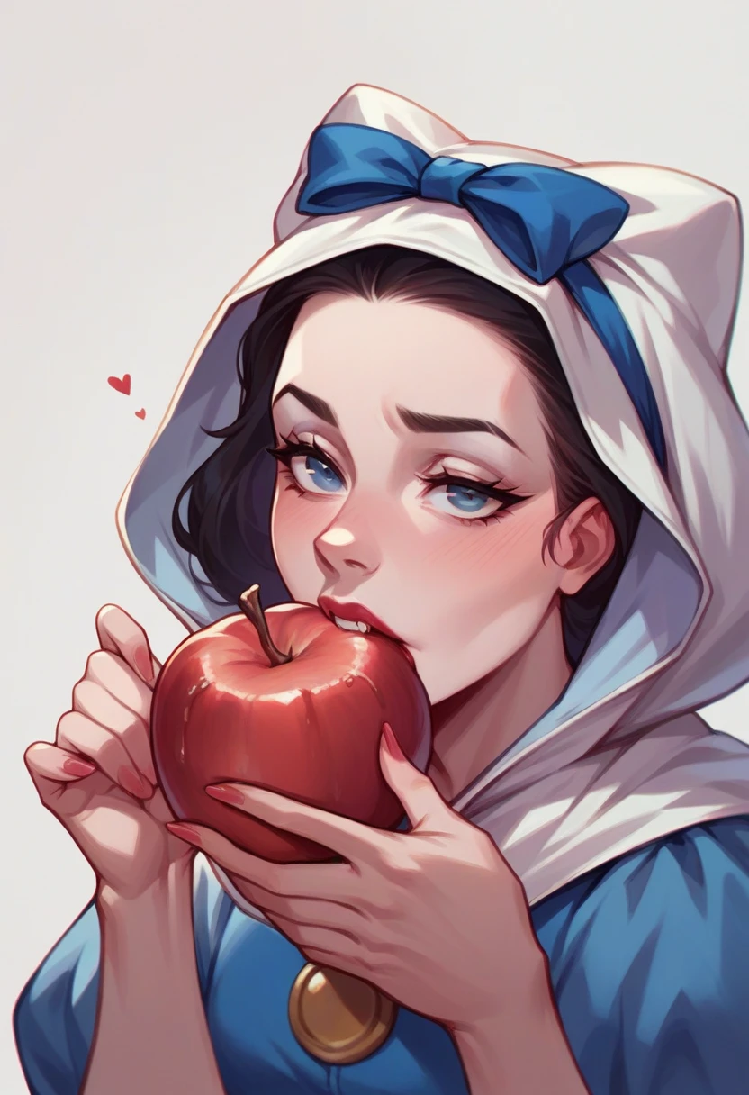 close up of Snow White taking a bite out of a poison apple.