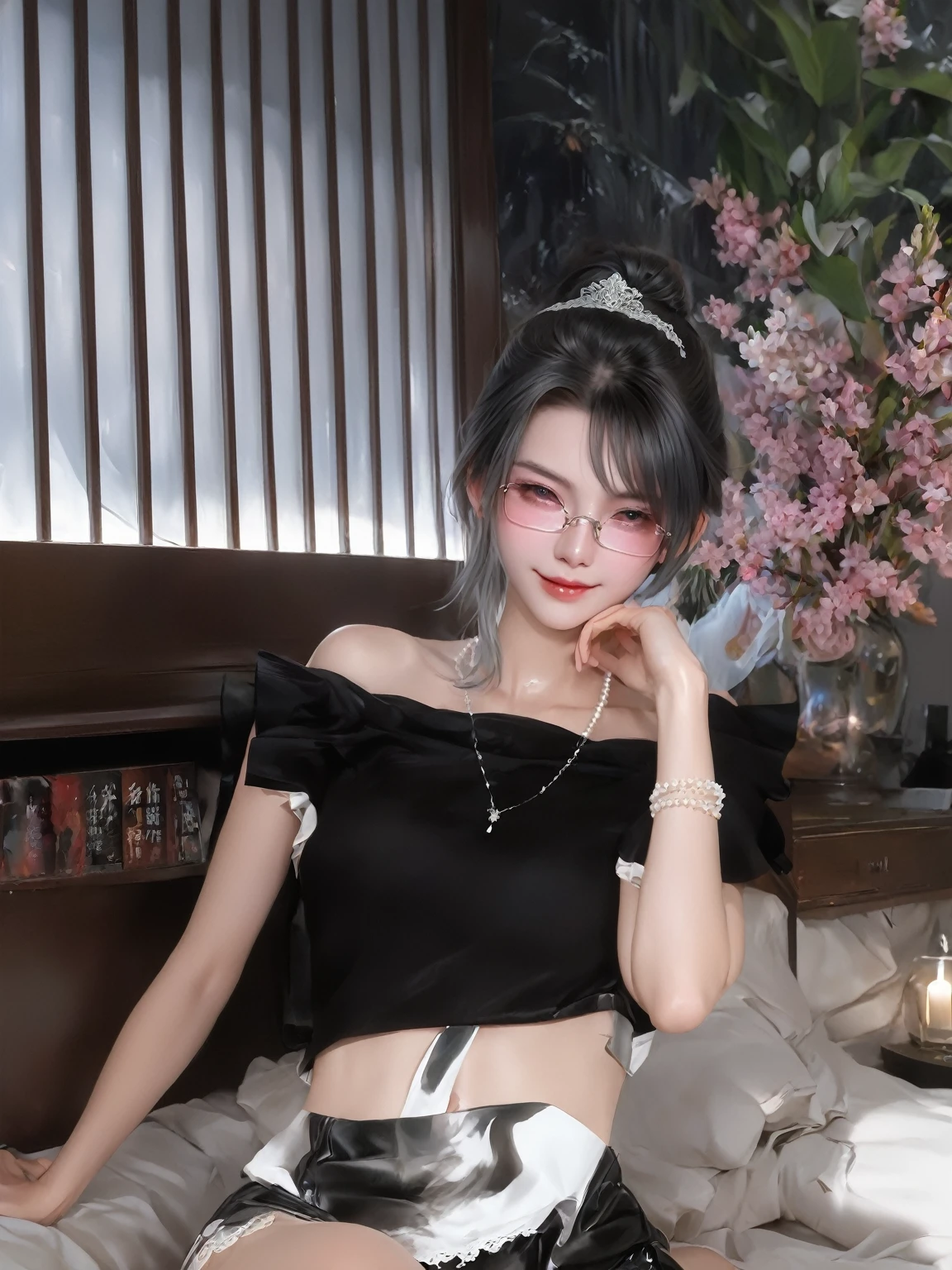 1 girl,Silver short hair,Beautiful facial features,Exquisite makeup,small freckles,Pearl Necklace,Black suspender skirt,Shoulder,White hair on arms、Close-up of miss wearing white mask, Beautiful character painting, Gu Weiss, Gurwitz-style artwork, White-haired god, author:Yang Jie, Epic and beautiful character art, Stunning character art, author:Fan Qi, by Wuzhun Shifan, pixiv Art Street Guviz, Single ponytail, insult, High Ponytail, Tall and big, Long legs, (Sleeveless lace shirt), (shorts), (Striped )), ((Striped )), Walk, elegant, dignified, miss, Beautiful curves, sweet smile, Strong sense of detail and layering, color丰富绚丽, Has a unique texture, rich and colorful, color, vivid, Design Art, 16K, Very detailed, {{illustration}}, {Extremely refined}, {Exquisite surface treatment}, Very detailed, Delicate and shining eyes, {{Light}}, 极致Light效果, Model: realism, CFG size: 12, Laura: Bright texture (1.35), high quality, masterpiece, Exquisite facial features, Delicate hair depiction, Detailed depiction of the eyes, masterpiece, best quality, Light線追蹤, Extremely detailed CG unified 8k wallpaper, masterpiece, best quality, (1 girl), 完美miss身材, (((tight white t shirt))), beautiful eyes, (Delicate face), Black short hair, Tie your hair up, Light blue hairpin, Black silk frame glasses, in class, (White skin), (Optimal Lighting), (Super intricate details), 4K Unified, (Very detailed CG), Showing off her white legs, , Hot Pants, shorts,性感Long legs, Thin waist, Sweat is running down my waist, Showing belly, Extremely detailed depiction, Pink Hair, Asymmetrical bangs, Transparent clothes, Hands on thighs, 把目Light移開, 8k resolution, Raise an eyebrow, Shiny hair, flower head, Wristband, bandage,leather