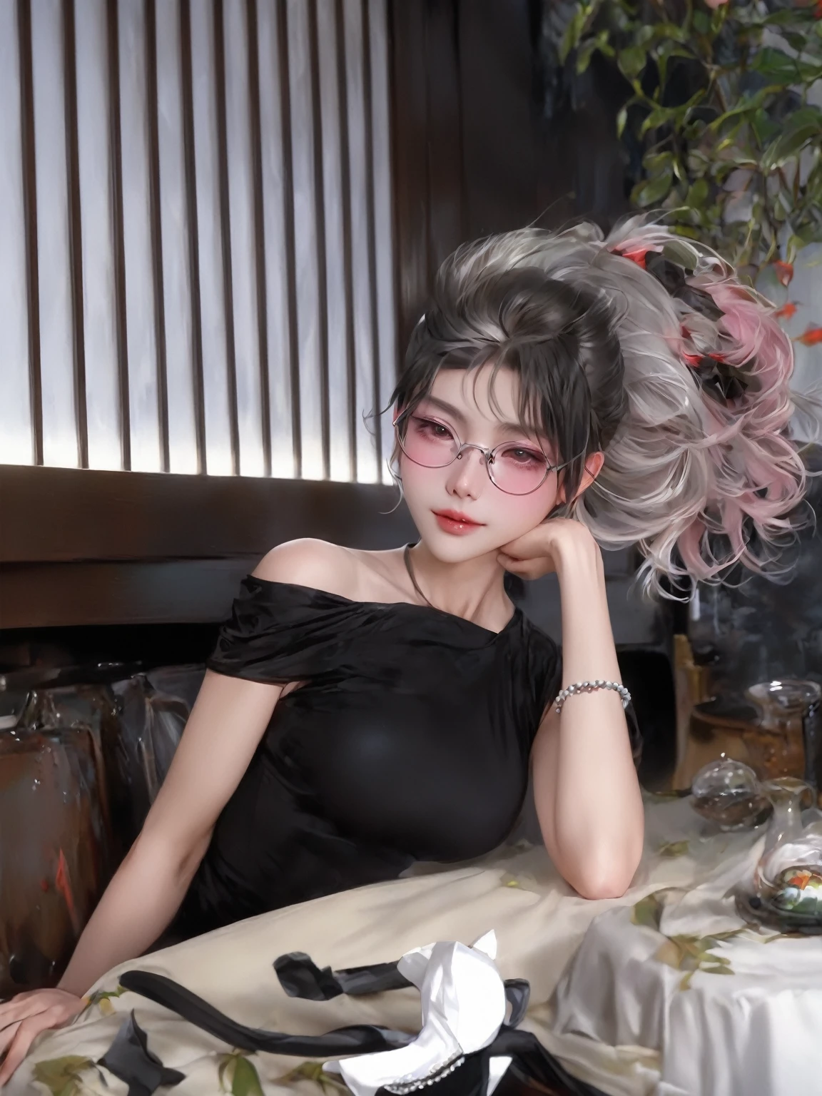 1 girl,Silver short hair,Beautiful facial features,Exquisite makeup,small freckles,Pearl Necklace,Black suspender skirt,Shoulder,White hair on arms、Close-up of miss wearing white mask, Beautiful character painting, Gu Weiss, Gurwitz-style artwork, White-haired god, author:Yang Jie, Epic and beautiful character art, Stunning character art, author:Fan Qi, by Wuzhun Shifan, pixiv Art Street Guviz, Single ponytail, insult, High Ponytail, Tall and big, Long legs, (Sleeveless lace shirt), (shorts), (Striped )), ((Striped )), Walk, elegant, dignified, miss, Beautiful curves, sweet smile, Strong sense of detail and layering, color丰富绚丽, Has a unique texture, rich and colorful, color, vivid, Design Art, 16K, Very detailed, {{illustration}}, {Extremely refined}, {Exquisite surface treatment}, Very detailed, Delicate and shining eyes, {{Light}}, 极致Light效果, Model: realism, CFG size: 12, Laura: Bright texture (1.35), high quality, masterpiece, Exquisite facial features, Delicate hair depiction, Detailed depiction of the eyes, masterpiece, best quality, Light線追蹤, Extremely detailed CG unified 8k wallpaper, masterpiece, best quality, (1 girl), 完美miss身材, (((tight white t shirt))), beautiful eyes, (Delicate face), Black short hair, Tie your hair up, Light blue hairpin, Black silk frame glasses, in class, (White skin), (Optimal Lighting), (Super intricate details), 4K Unified, (Very detailed CG), Showing off her white legs, , Hot Pants, shorts,性感Long legs, Thin waist, Sweat is running down my waist, Showing belly, Extremely detailed depiction, Pink Hair, Asymmetrical bangs, Transparent clothes, Hands on thighs, 把目Light移開, 8k resolution, Raise an eyebrow, Shiny hair, flower head, Wristband, bandage,leather
