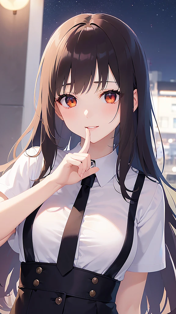 View your viewers,Upper Body, Shooting from the sky、Tilt your head、 Realistic, Real person, (Pale skin: 1.2), RAW Photos, Realistic, Shiny skin, Shiny Hair、 (A 25-year-old woman with bob hair and bangs) and (Wavy Hair) and (Brown Hair) and (Orange eyes)、Business suits and (Wearing a white collared shirt)、 Open your mouth,Smile,Night Sky、Midnight in the Park