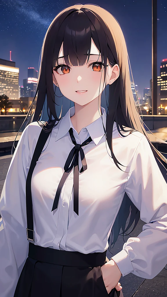 View your viewers,Upper Body, Shooting from the sky、Tilt your head、 Realistic, Real person, (Pale skin: 1.2), RAW Photos, Realistic, Shiny skin, Shiny Hair、 (A 25-year-old woman with bob hair and bangs) and (Wavy Hair) and (Brown Hair) and (Orange eyes)、Business suits and (Wearing a white collared shirt)、 Open your mouth,Smile,Night Sky、Midnight in the Park