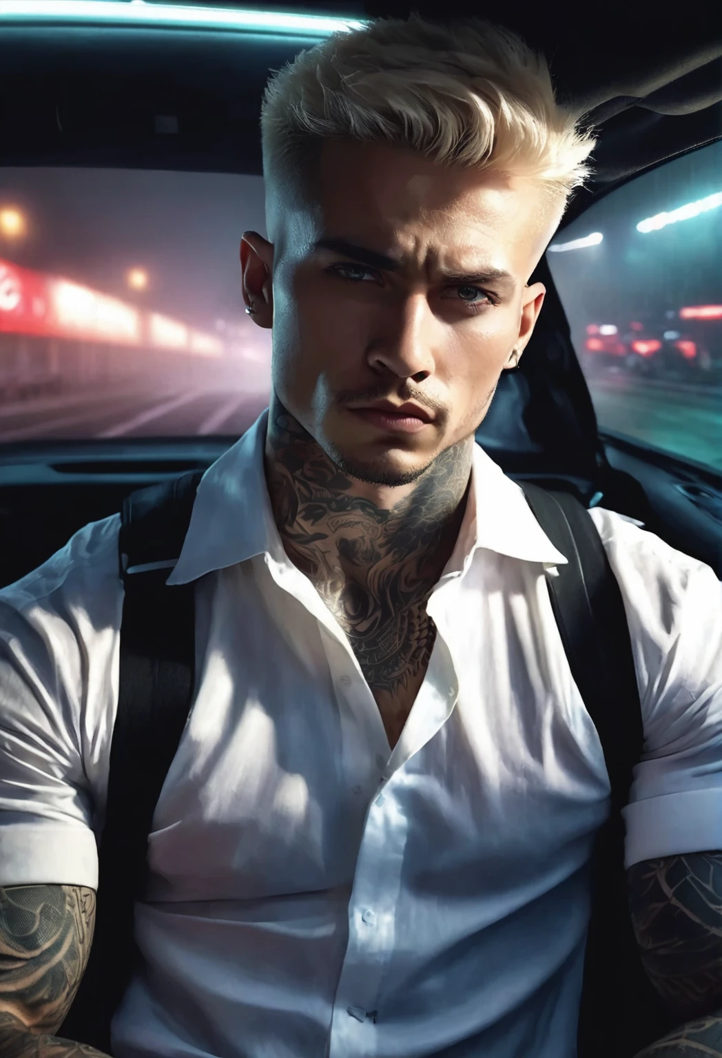 1 man, inside a clandestine race track, wearing a black shirt, detailed facial features, beautiful black and masculine eyes, detailed light skin, medium-length black hair, strong expression, tattoos on the body, dramatic lighting, cinematic composition, cold and dark colors, atmospheric fog, strong chin, manly man, night, (best quality, 4K, 8K, high resolution, art: 1.2), ultra-detailed, (realistic, photorealistic, photorealistic: 1.37)