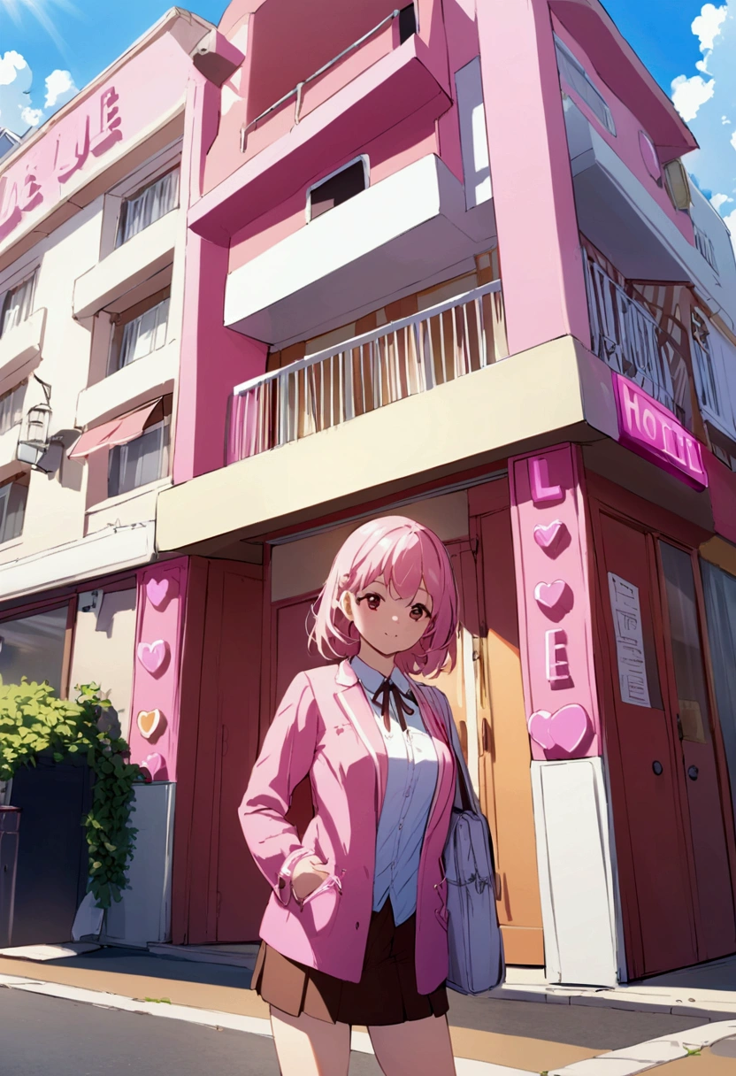 Pink Haired Girl、In front of the love hotel