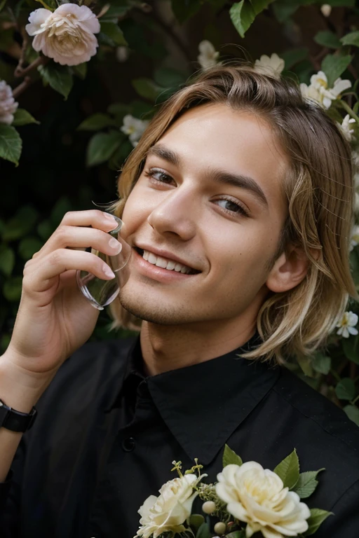 ung man, alone, open eyes, Put on a watch, blonde hair, Hold a wine glass, realistic, flower garden background, smile, Long eyelashes, lips, black set, Portrait, Dark eyebrows