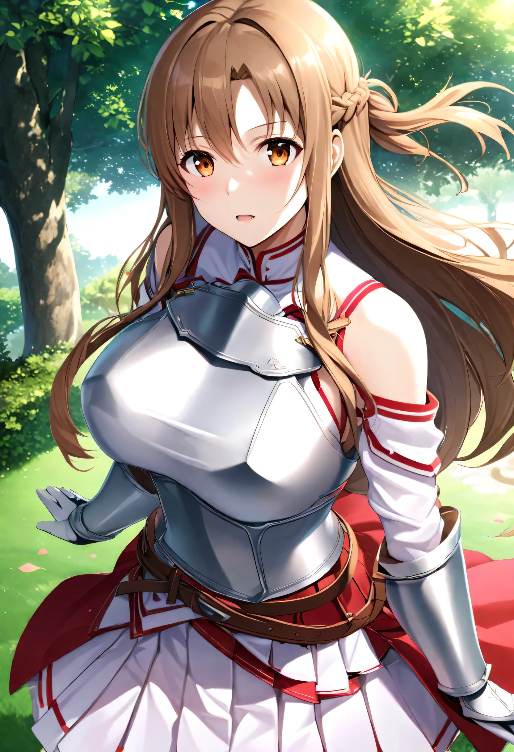 masterpiece, best quality, SimplePositiveXLv2, yuuki asuna, 1girl, solo, long hair, breasts, looking at viewer, blush, open mouth, bangs, skirt, large breasts, brown hair, long sleeves, bare shoulders, brown eyes, upper body, braid, pleated skirt, outdoors, parted lips, detached sleeves, day, belt, armor, tree, orange eyes, floating hair, red skirt, breastplate, bush,