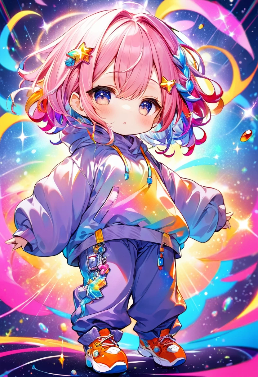 best quality, incredibly absurdres, extremely detailed, 2.5D, delicate and dynamic, chibi, cute girl, wearing baggy clothes, baggy pants, sparkly and vivid color effects, background another dimension