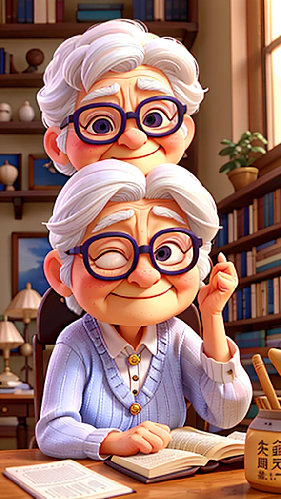 A cute old lady with silvery white hair、Wearing glasses、Sleeping while reading a book。