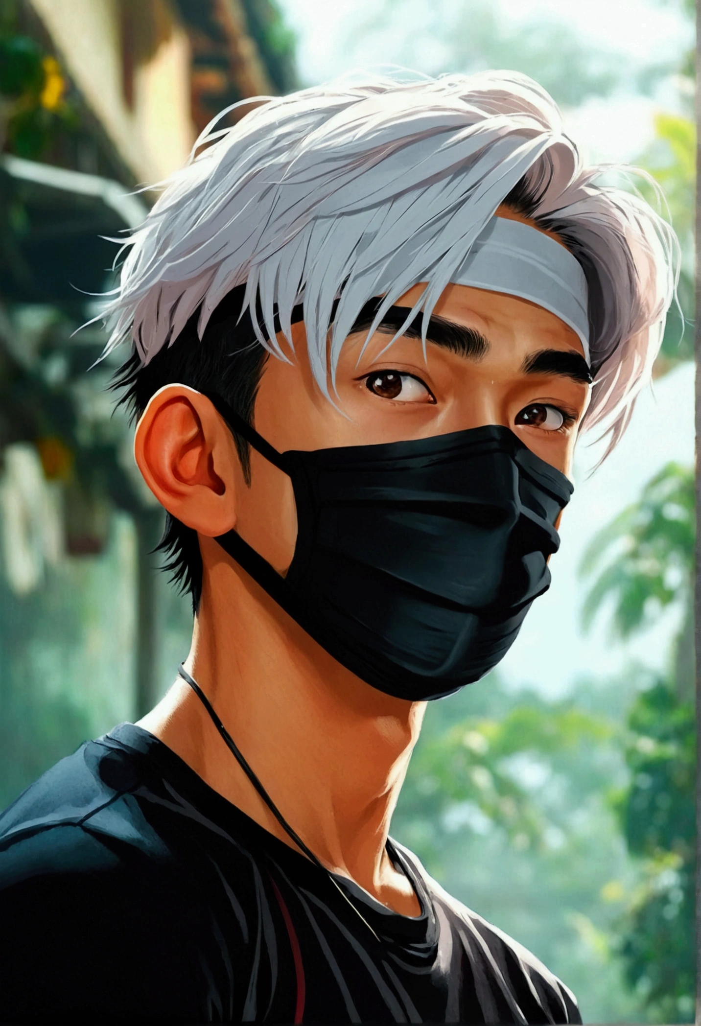 Young man with a Thai-Asian face,small eyes,Sharp eyebrows ,8K images,realistically,Wear a tight sports t-shirt.,Have muscles,Wear a black mask to cover your face.,Secondary hair style
