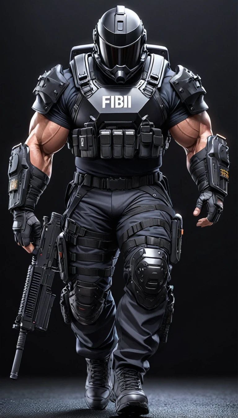 High-resolution anime digital art, Masterpiece, Man Big Body, Wearing FBI Uniform, wear Black Riot Helmet, muscular body, walking, Full Body, intricate, tactical gear, hyper detailed, sharp focus, physically-based rendering, (black background:1.1)