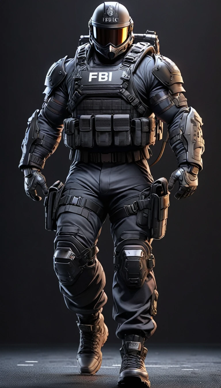 High-resolution anime digital art, Masterpiece, Man Big Body, Wearing FBI Uniform, wear Black Riot Helmet, muscular body, walking, Full Body, intricate, tactical gear, hyper detailed, sharp focus, physically-based rendering, (black background:1.1)