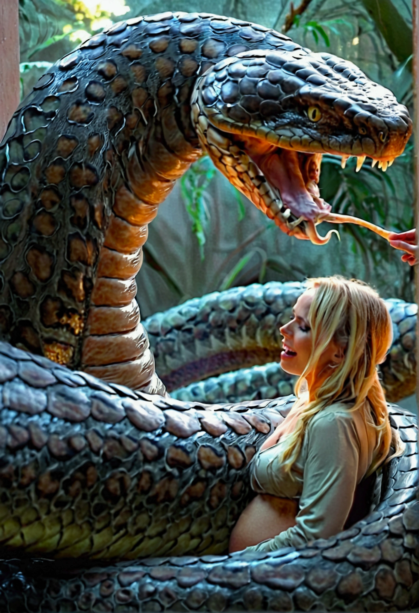 Pregnant Happy Horny, aroused 1girl), beautiful kneeling blonde young teen girl  with  giant colossal Kaa monster squeezing her hard, wrapped in thick spiraling coils, constricted, struggle, gasping for air, snake attack, snake peril, moonless night, dim light