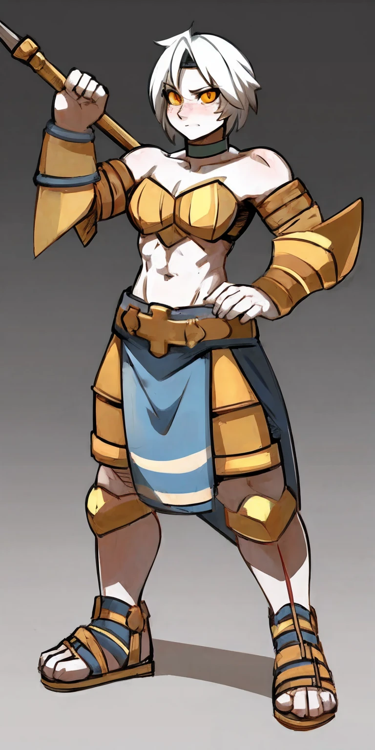 Subject: 1 Solo Female Gladiator Pose: Full body, whole body Standing tall, hands on hips (conveying confidence) Feet together, conveying a strong stance View from slightly below, emphasizing her power Clothing and Armor: Loincloth (detailed and well-crafted, showcasing her warrior status) Metal sandals, sturdy and battle-worn Leather choker, adorned with a gladiator emblem or small spikes (optional) Big belt, holding additional weapons or pouches (optional) Bracers on forearms, for protection Jewelry: Tiara (can be simple and battle-ready, or adorned with feathers or gladiator symbols) Additional Details: Strong, defined muscles Determined expression on her face Optional: scars or other battle marks that tell a story of her victories