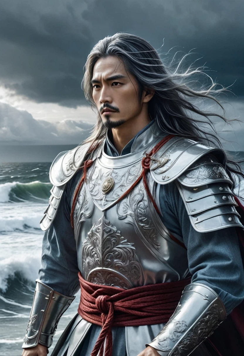 Portrait of Susanoo, 8K, hd, highly detailed, realistic, photography, photo realism, a brave god standing under a thundering sky with raging seas in the background. His long silver hair flows in the wind, wearing ornate armor, and holding a large sword. The background features high waves and a stormy sky, exuding a powerful atmosphere. --ar 9:16 --v 6.0 --s 750