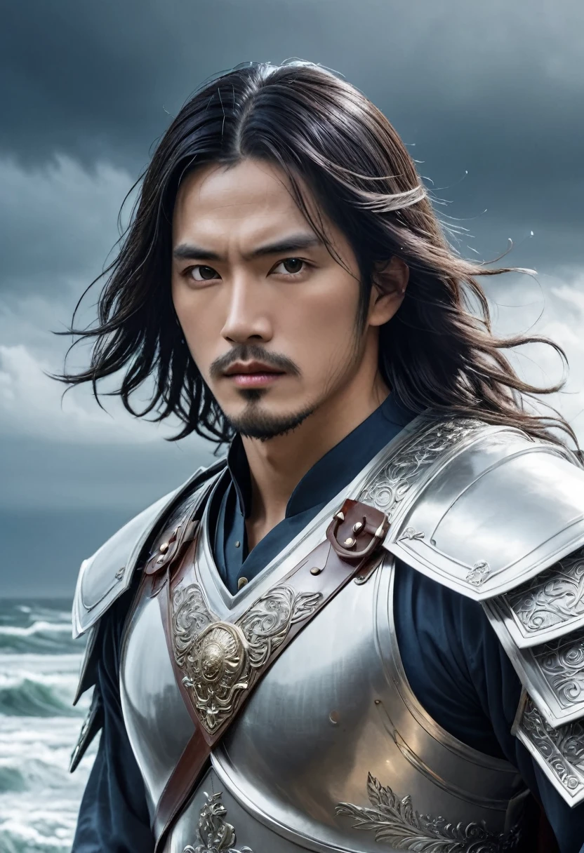 Portrait of Susanoo, 8K, hd, highly detailed, realistic, photography, photo realism, a brave god standing under a thundering sky with raging seas in the background. His long silver hair flows in the wind, wearing ornate armor, and holding a large sword. The background features high waves and a stormy sky, exuding a powerful atmosphere. --ar 9:16 --v 6.0 --s 750