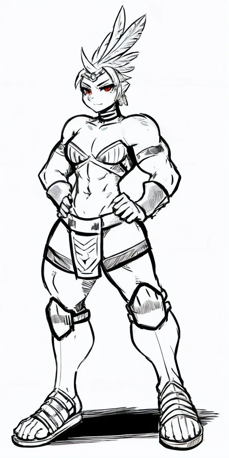 Subject: 1 Solo Female Gladiator Pose: Full body, whole body Standing tall, hands on hips (conveying confidence) Feet together, conveying a strong stance View from slightly below, emphasizing her power Clothing and Armor: Loincloth (detailed and well-crafted, showcasing her warrior status) Metal sandals, sturdy and battle-worn Leather choker, adorned with a gladiator emblem or small spikes (optional) Big belt, holding additional weapons or pouches (optional) Bracers on forearms, for protection Jewelry: Tiara (can be simple and battle-ready, or adorned with feathers or gladiator symbols) Additional Details: Strong, defined muscles Determined expression on her face Optional: scars or other battle marks that tell a story of her victories